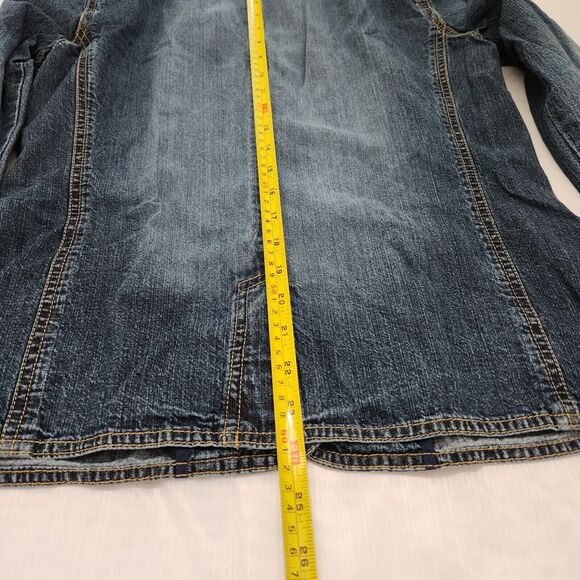 Jean Jacket Women's 0 Blue Denim Distressed Pockets Retro Boho Hippie Chico's - Picture 11 of 13